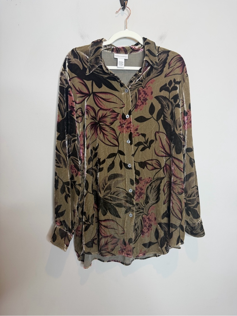 Soft Surroundings Velvet Floral Button Front Blouse Womens L Silk Blend Taupe
